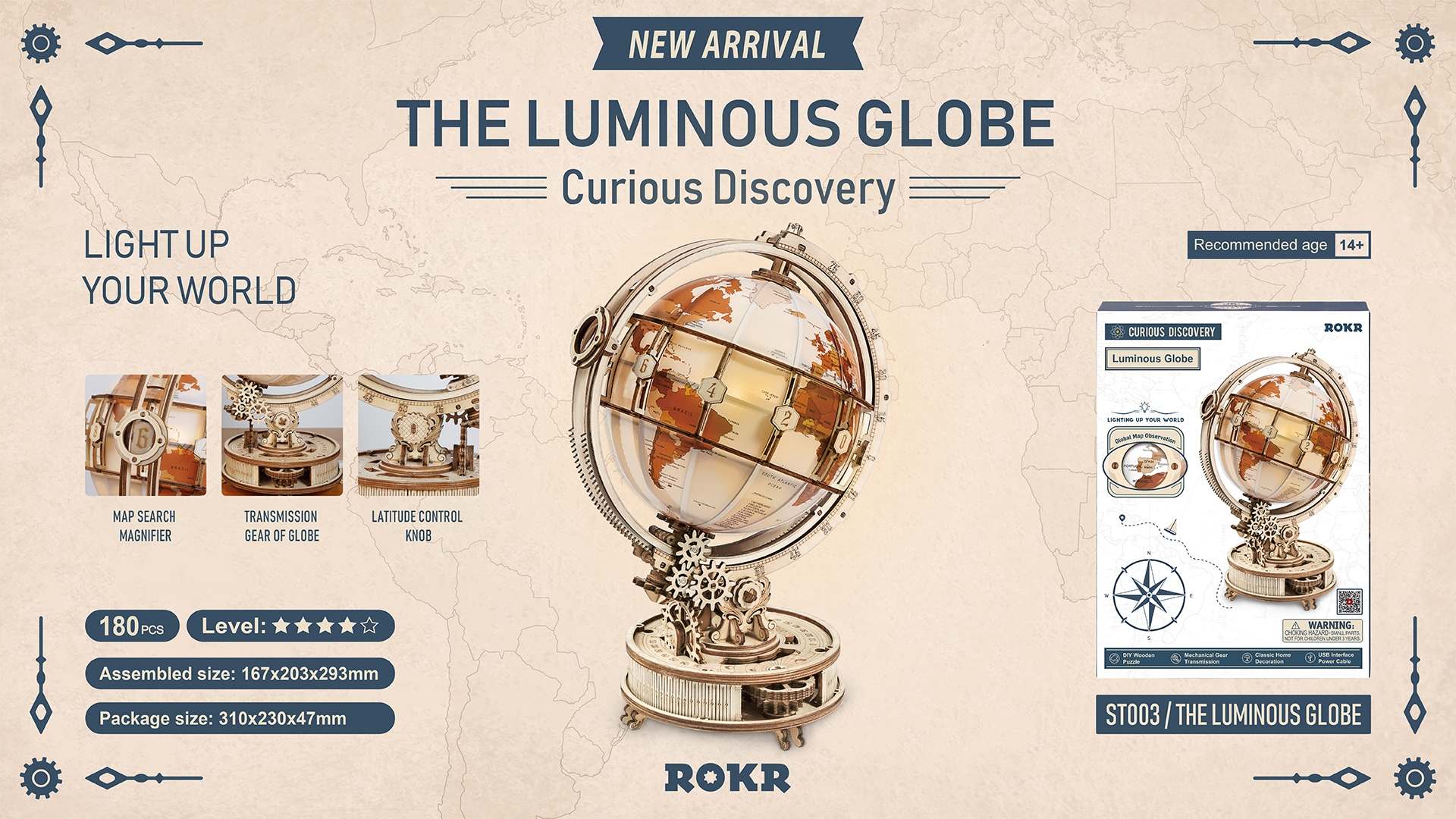 Robotime ROKR 3D Wooden Puzzle Luminous Globe  Globe lumineux, Maquette en  bois, Globe terrestre lumineux